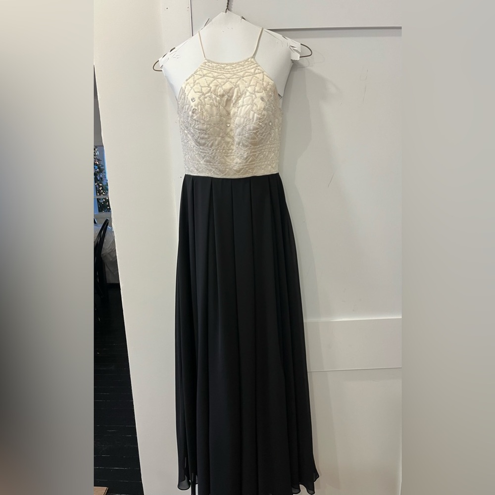 White Ivory Champagne & Black Beaded Long Prom Dress Military Ball Modest Sz 0/2